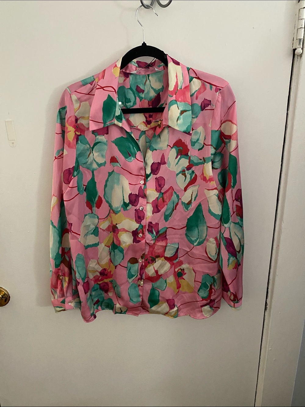 Zara Pink Floral Button-Down Shirt with Green Accents